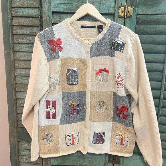 Christmas cardigan sweater beige large kb collections ugly holiday - Picture 1 of 5